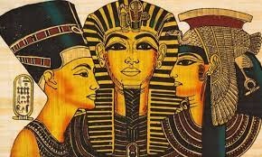 Ancient Egyptian-style illustrated artwork of pharaoh and queen figures