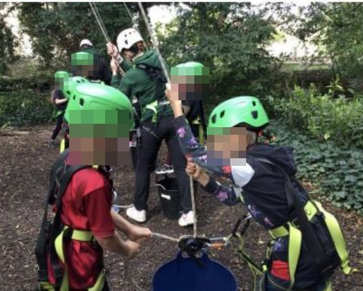 Children in helmets and harnesses on a ropes activity