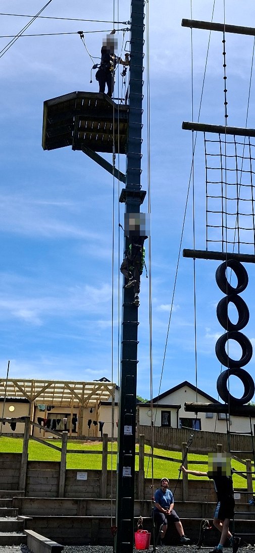 Children climbing a high ropes pole