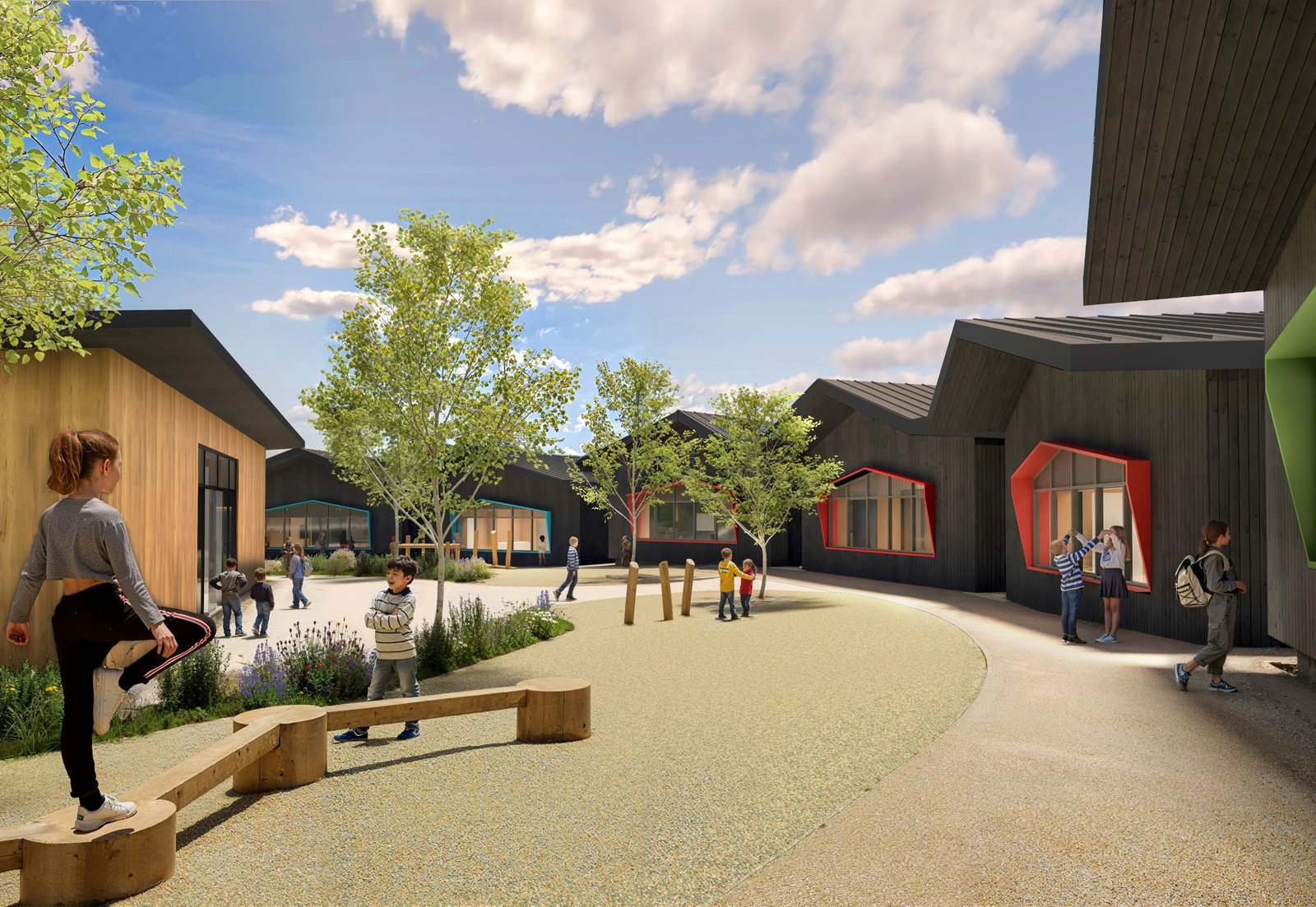 Architect's ground-level view of the new courtyard: dark-timber classrooms with red and blue window frames, young trees and timber play features
